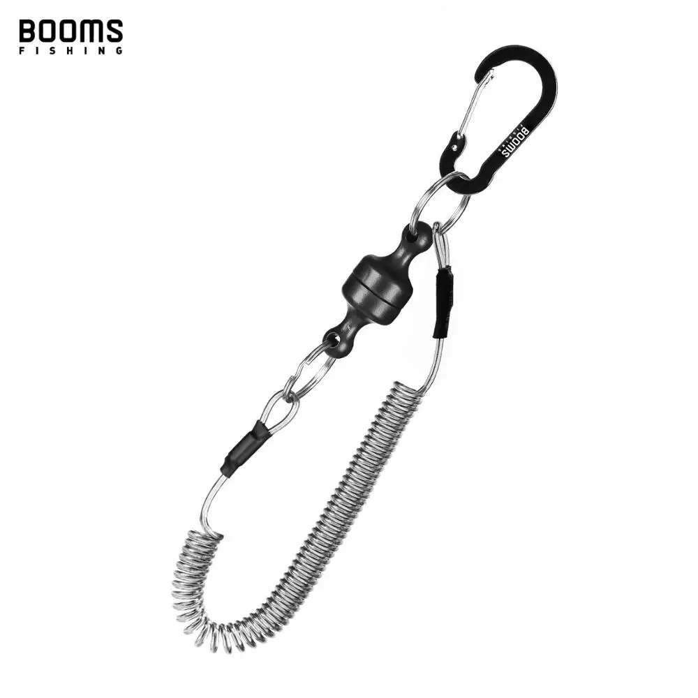 Net-Holder Lanyard Magnetic-Release-Clip Fishing-Tool Booms with Coiled Black
