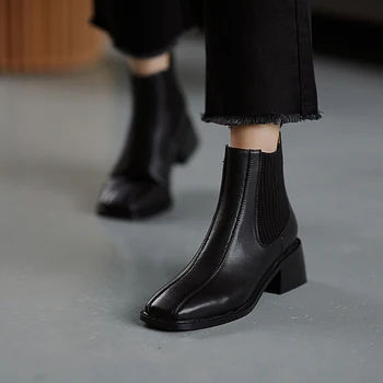 

Women Genuine Leather Chelsea Boots Basic Short Boots Spring Autumn Ankle Boots Woman Square Toe Concise Short Boots