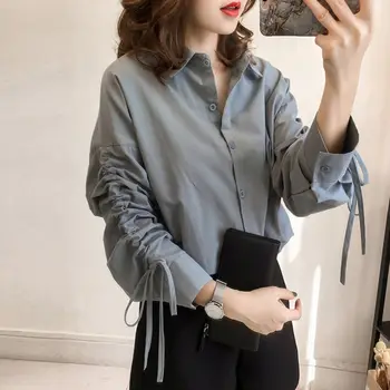 

Womens Plus Size Lace Up Drawstring Long Sleeves Blouse Lapel Collar Button Up V-Neck Office Tops Solid Color Loose Shirts M-4XL