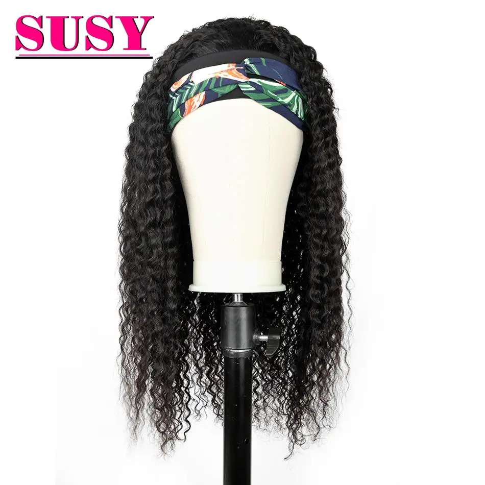 Peruca do Cabelo Feita sem Cola com Faixas de Cabeça Humano Encaracolado Kinky Perucas Remy Barato Cabeça Banda Máquina Completa Preto 180% 4 Apliques e perucas