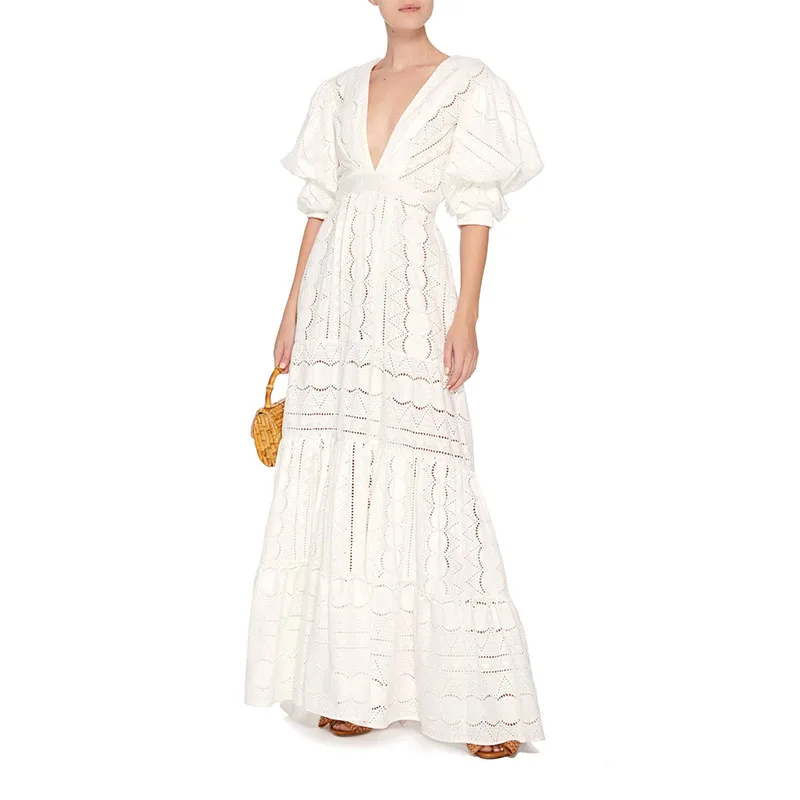 

Fashion Women Dress Summer New Puff Sleeve Lace Openwork Dress V-neck Women Clothes Party Dress Vestidos De Verano Robe Femme