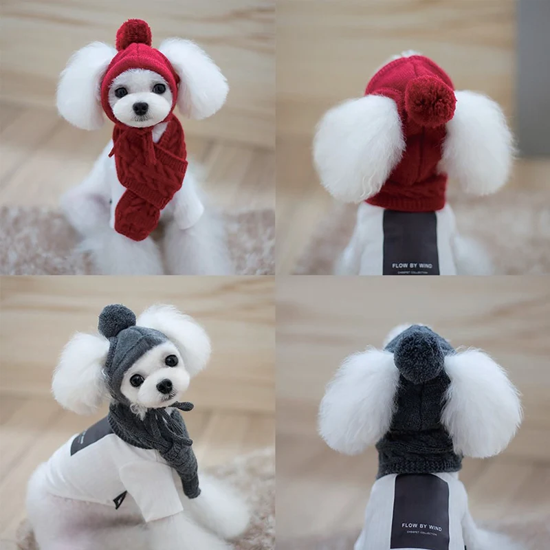 Pet Winter Knitting Hat And Scarf Set Solid Colored Autumn And Winter Sweet Cute Knitted Wool Hat Pet Grooming Costume