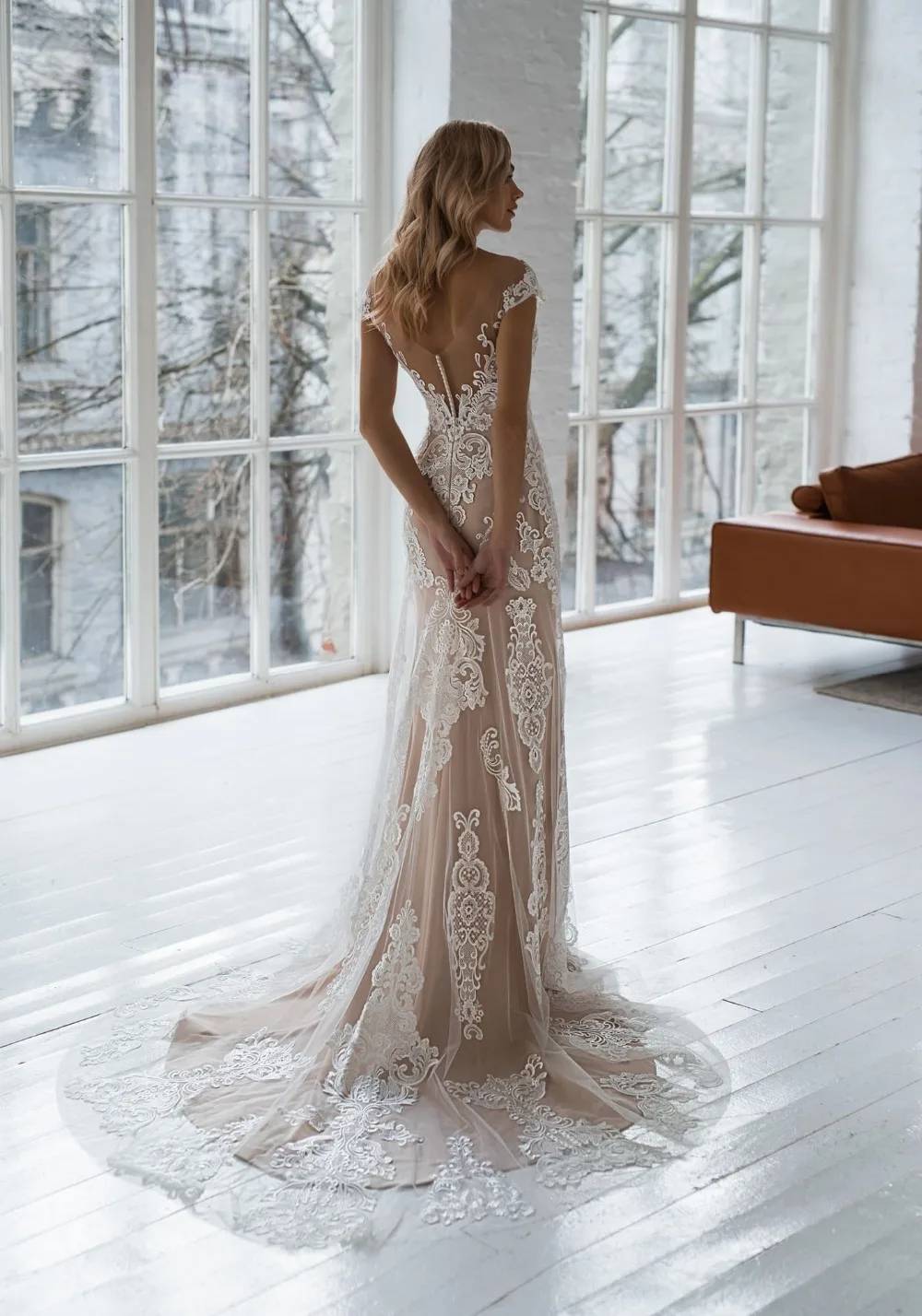 Кружевные свадебные платья русалки, кружевной воротник Sheer Jewel, Классические свадебные платья, свадебные платья