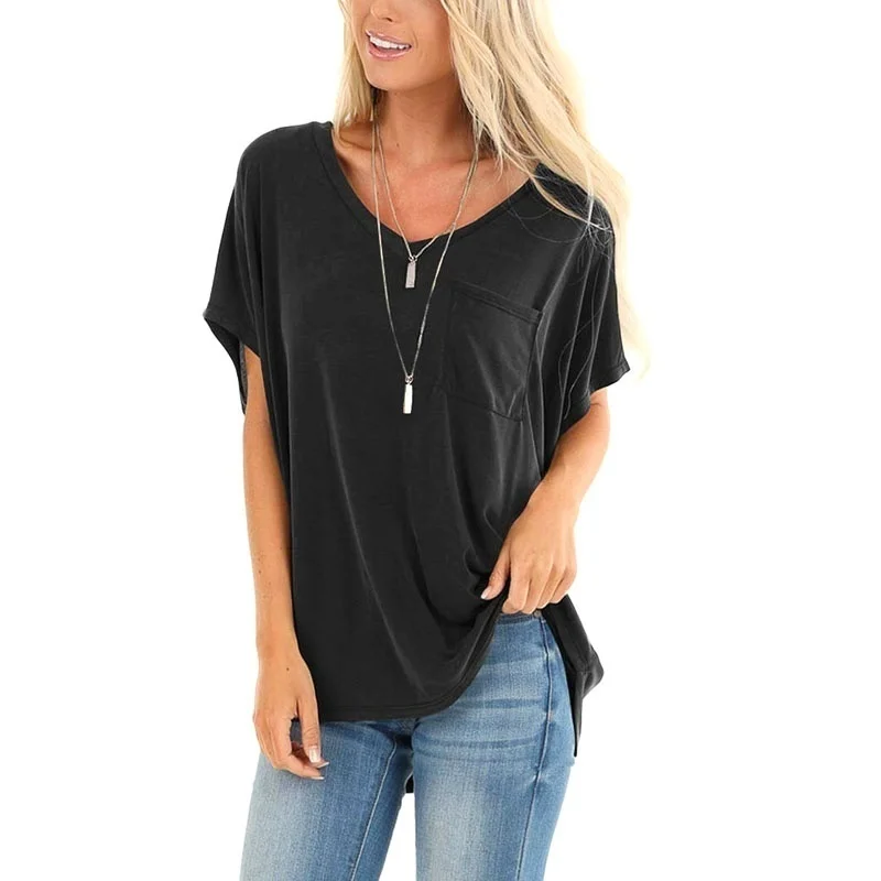 

Women's Summer Tops Casual V-neck Short Sleeve Ladies Solid Color Loose Shirts Cotton T-shirts