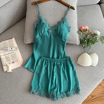 

Sexy Women Strap Top&shorts Pajamas Set Silky Soft Satin 2PCS Sleepwear Sleep Set Casual Lougne Pijamas Suit Nightwear Homewear