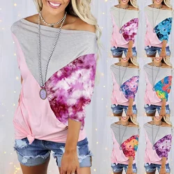 Camiseta de manga media para mujer, remera estampada con un cuello, playera informal holgada de moda