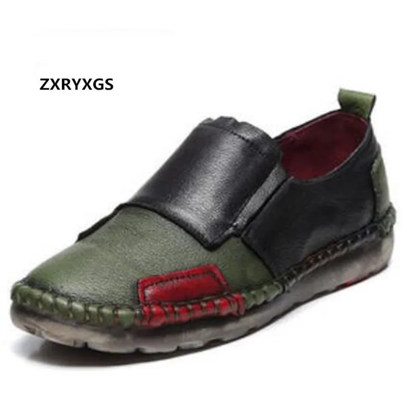 

2020 New Mixed Colors Splice Hand-stitched Spring Shoes Women Genuine Leather Shoes Flat Shoes Comfort Soft Fashion Casual Shoes