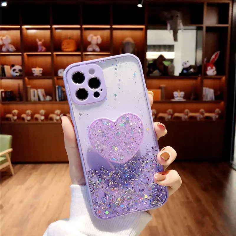 Gradient Glitter Sequins Love Bracket Soft Phone Case For iphone 12 mini 11 Pro Max Back Cover For iphone X XR XS 6 6S 7 8 Plus cute phone cases