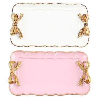 

2 Set European Style Bow Cake Storage Trays Makeup Organizer Dessert Plate Square Decor Tray Kitchen Storage Trays 12X20Cm, 1 Se