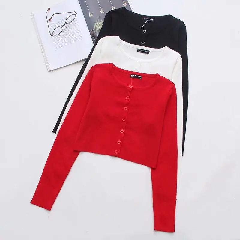 Белый черный кардиган винтажный кардиган до талии Женский вязаный укороченный Топ свитер милый корейский стиль женские свитера Рождество осень