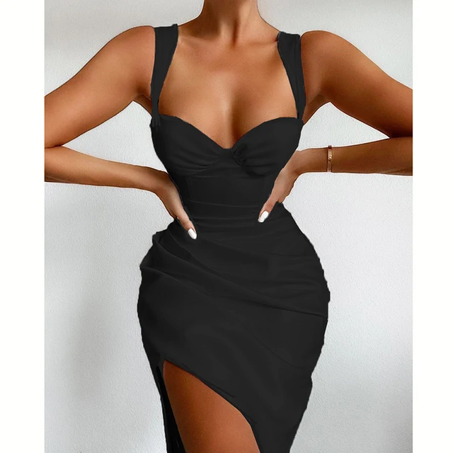 NewAsia White Party Dress Women Summer Sleeveless Underwire Sweetheart Neckline Sexy Dress Side Split Ruched Midi Vestidos Black