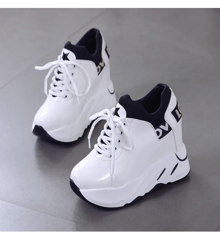 Autumn Woman Platform Shoes Wedge Heel 12 CM Casual Shoes Height Increasing White Black Sneakers Women Leather Shoes New 2020