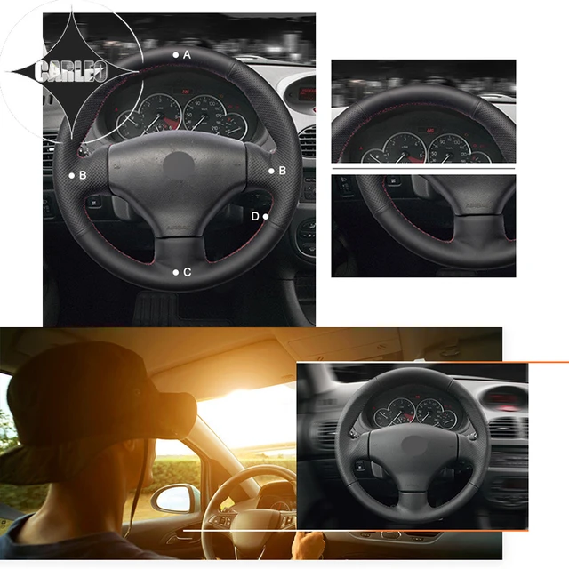 Housse de volant de voiture pour Peugeot 206 98-05 206 SW 03-05 206 CC  04-05, cuir véritable noir, couture rouge, support personnalisé, bricolage  - AliExpress