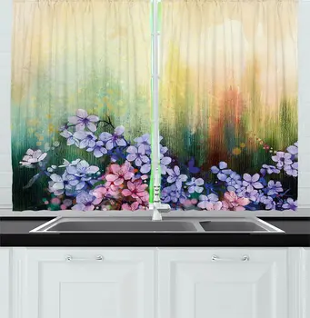 

Flower Kitchen Curtains Violets in Grass on Blurred Abstract Background with Brush Strokes Picture Print Window Curtain