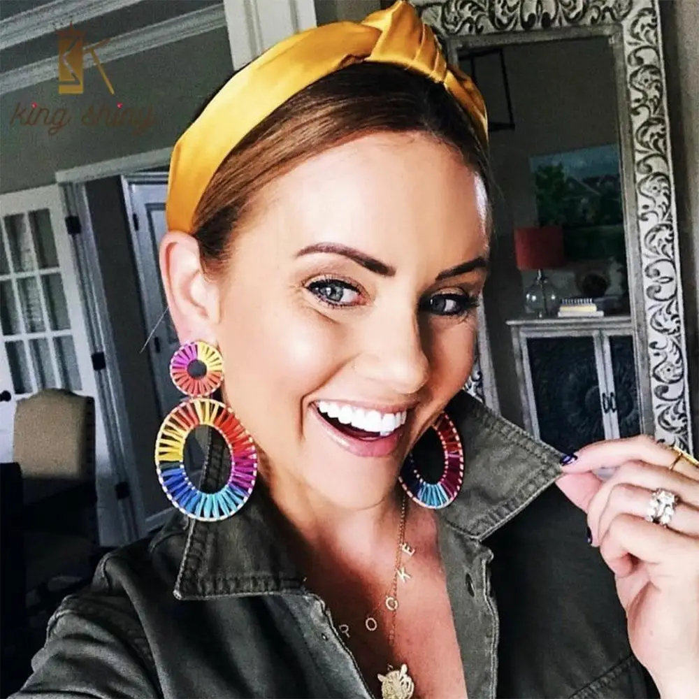 Za 2020 Handmade Rainbow Raffia Heart Drop Earrings for Women Big Oval Round Hollow Statement Earring Boho Fashion Jewelry | Украшения и