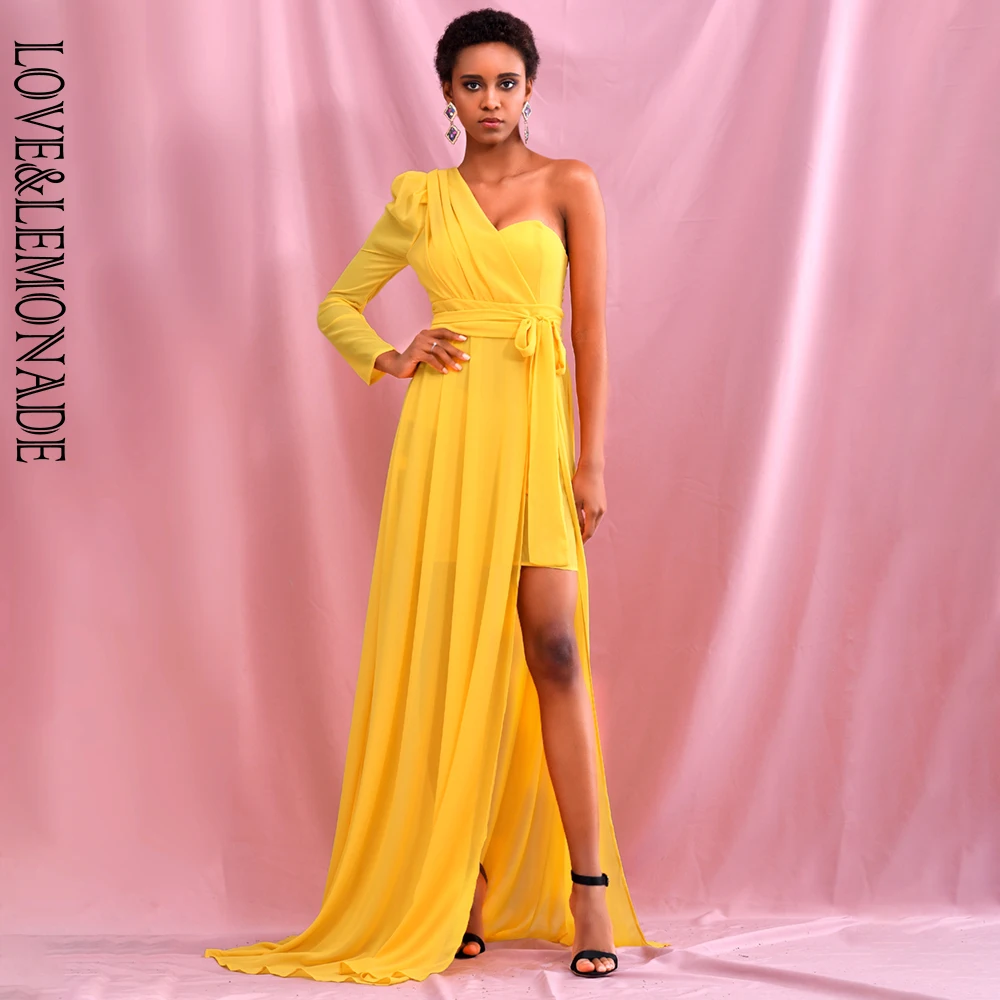 Liefde & Limonade Sexy Off-De-Schouder Geel Chiffon Whit Split Single Mouw Een-Vorm Strand Maxi jurk LM82135-1 Liefde & Limonade Sexy Off-De-Schouder Geel Chiffon Whit Split Single Mouw Een-Vorm Strand Maxi jurk LM82135-1