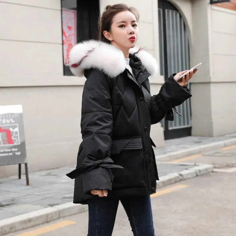 Women Winter White Duck Down Winter Jacket Big Natural Fox Fur Collar Hooded Parkas Coat Female Warm Casual OutERwear N145 - Цвет: black