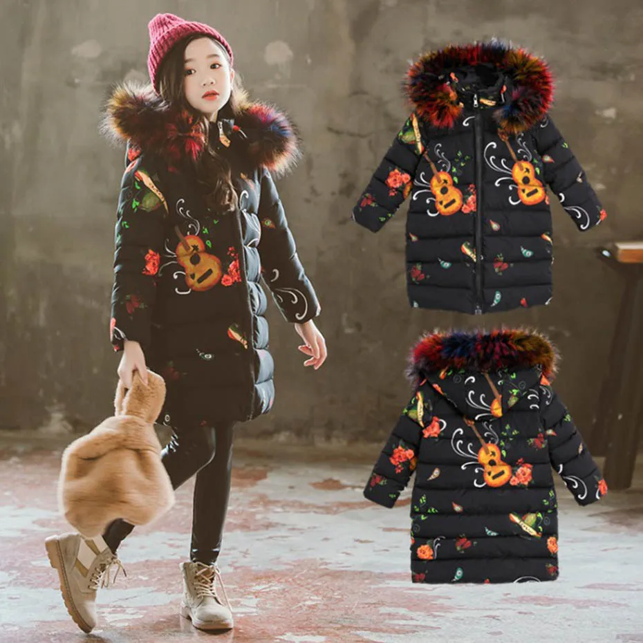 Girls Coats Fashion Print Down Jacket For Girls Big Fur Collar Parkas Kids Warm Children's Winter Clothes Christmas Streetwear
