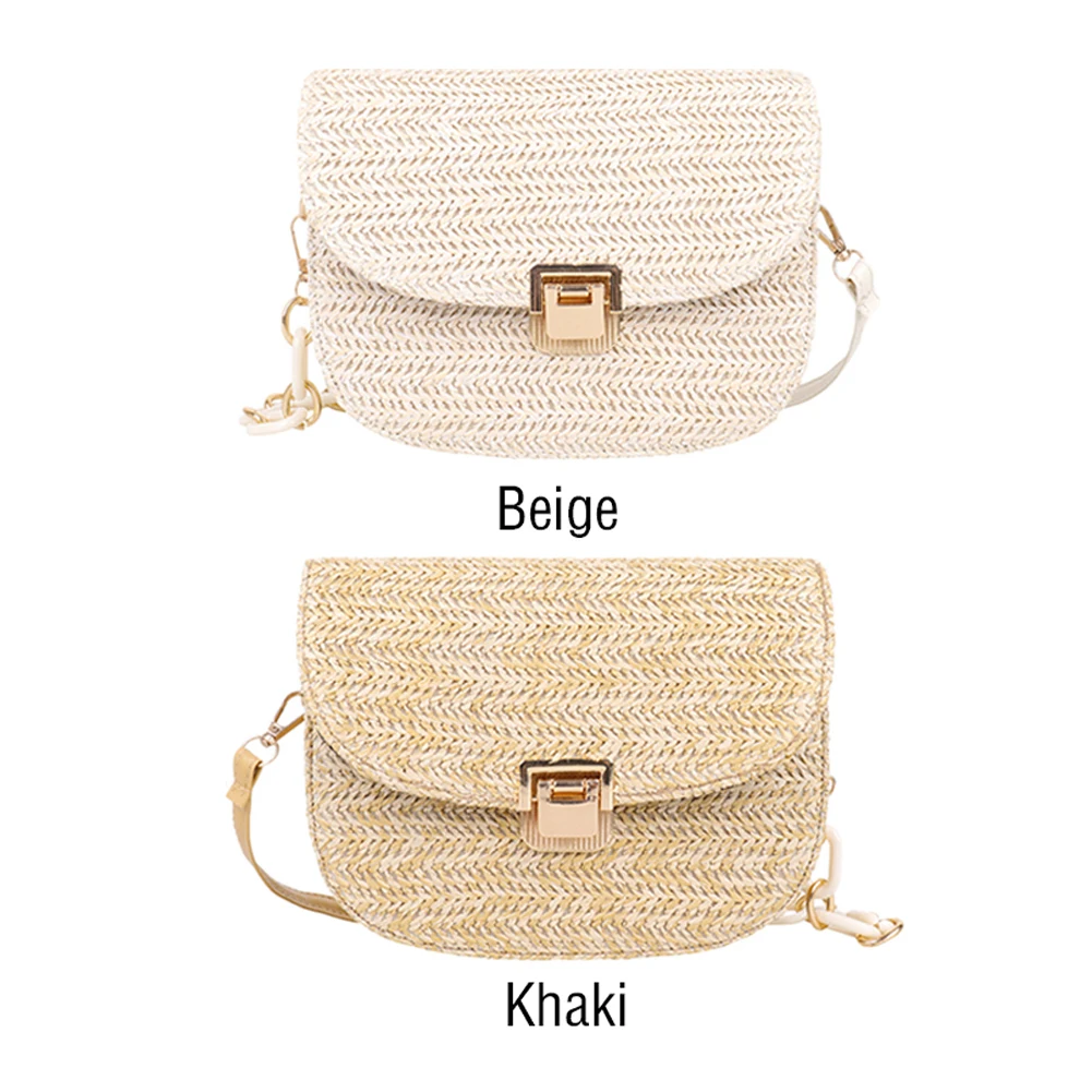 Summer Casual Solid Color Women Straw Woven Shoulder Messenger Bags Fashion Beach Chain Saddle Bags Ladies Small Crossbody Bags