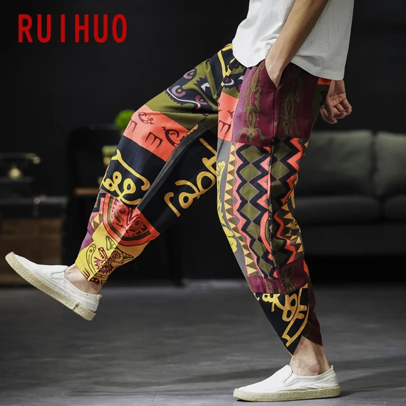 RUIHUO, китайский стиль, длина по щиколотку, льняные брюки для мужчин, уличная одежда, спортивные штаны, мужские брюки для бега, брюки мужские тренировочные в стиле хип-хоп, 5XL, осень