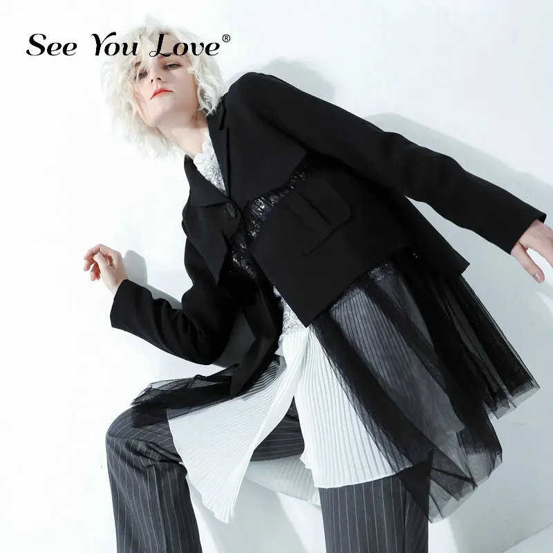 

See You Love 2019 New Autumn Korean Women Clothing Notched Patchwork Mesh Cuted Short Waist Jacket Black Female Coat Outfits