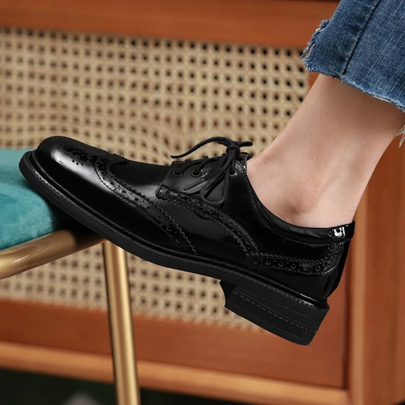 otoño Primavera mujeres Oxford Flats Formas Brogues cuero genuino Oficina Suela Topo Mujer Ballet