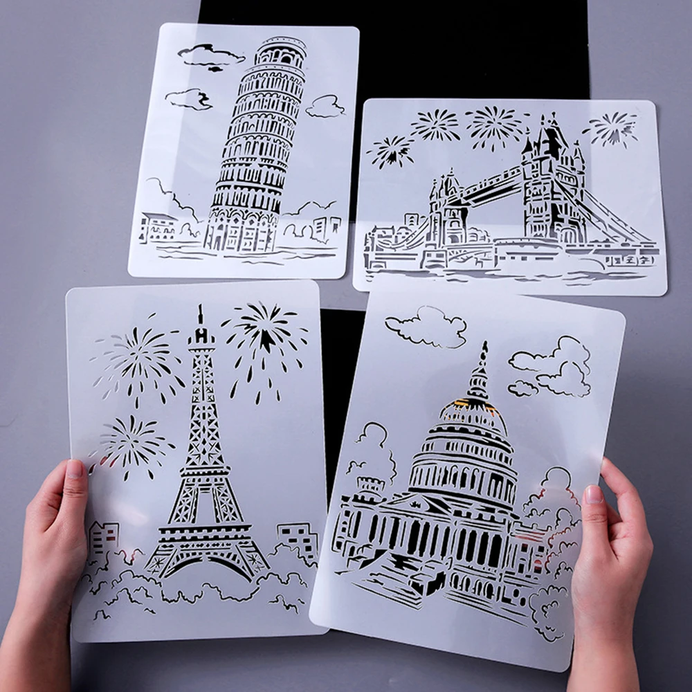 

A4 Creative Architecture Series Hollow Painting Stencils Lace Ruler Drawing Template for Diy Scrapbooking Decorations