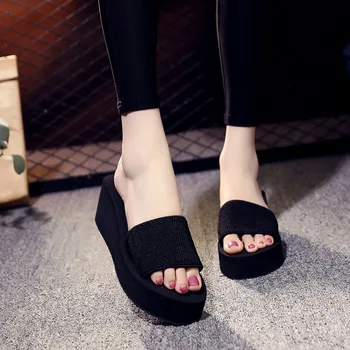 

Women High Platforms Wedge Slippers Black Drag Non-slip Cool Flange Vacation Beach Shoes Height Increasing Flip Flops Slippers