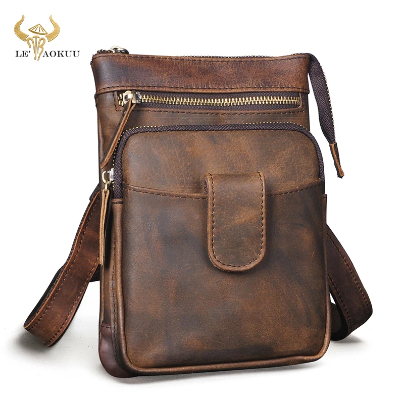 Thick Crazy Horse Leather Male Design One Shoulder Messenger bag Fashion Hook Belt Fanny Waist bag Pack Summer Small Phone 6549