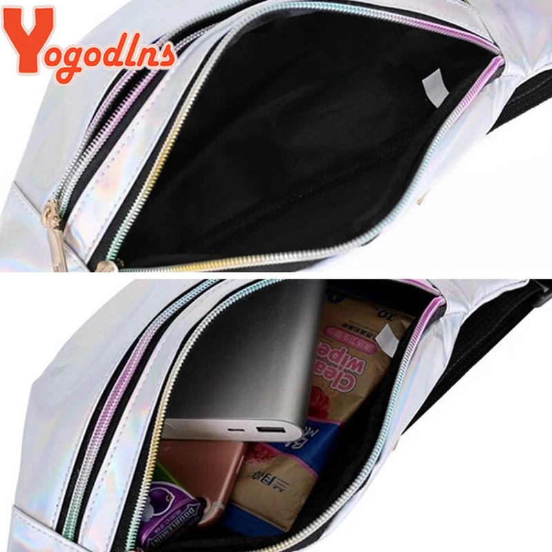Yogodlns Fashion Glossy Laser Pack with Adjustable Strap Women Sports Crossbody Bag Double Zipper Bag Purse for Girl