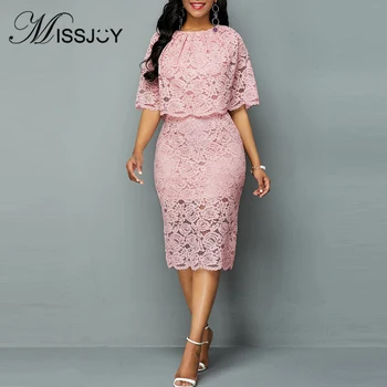

MISSJOY 2020 Summer High Waist With Cloak Party Dresses Women Pencil Elegant Solid Color Lace Patchwork O-Neck Bodycon Female