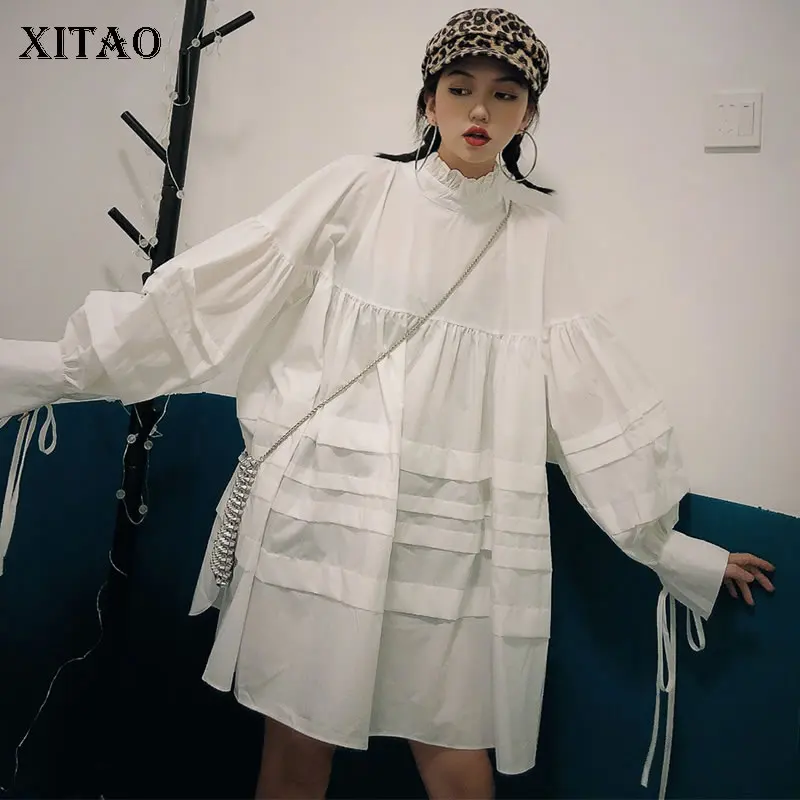 

XITAO Vintage Bandage Slim mini Dress Personality Simple Stand Collar Women Clothes 2019 White Dress Autumn New ZLL4082