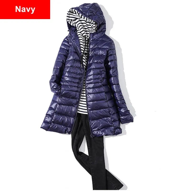 Navy Hooded Зимняя женская куртка размера плюс 5XL 6XL 7XL с капюшоном, пуховики средней длины, ультра-светильник, пуховик с капюшоном, осенняя парка - Цвет: Navy Hooded