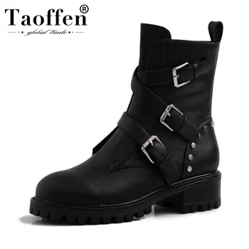 

Taoffen Women Genuine Leather Punk Ankle Boots Casual Buckle Retro Sexy Ladies Motorcycle Boots Fashion Shoes Woman Size 34-39