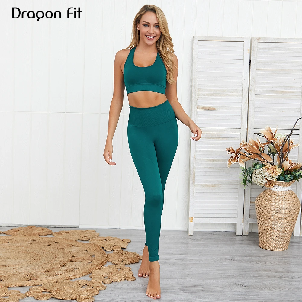 

Dragon Fit Seamless Knitted Gym Yoga Sets 2 Piece Women Workout Running Suit Push-up Sports Bra+Yoga Leggings Fitness Sportwear