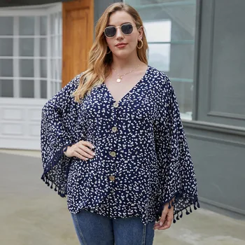 

Women Fall Clothing 2020 4XL Plus Size Loose Long Sleeve Top Fashion Batwing Sleeve Button Blouses Print Casual Elegant Blouse
