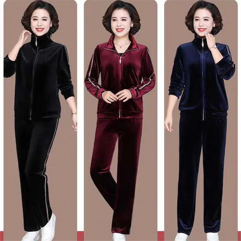 패션 엄마 벨벳 Tracksuit 여성 벨벳 운동복 2 조각 세트 봄 가을 캐주얼 지퍼 자켓과 바지 정장 4XL 블랙 네이비