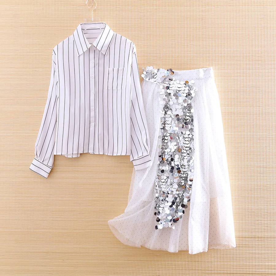 High-end Women Summer Loose White Stripe Shirt Top + Mesh Sequins Skirt Elegant Lady Casual Suit 2 Pieces Set Female S-XL |