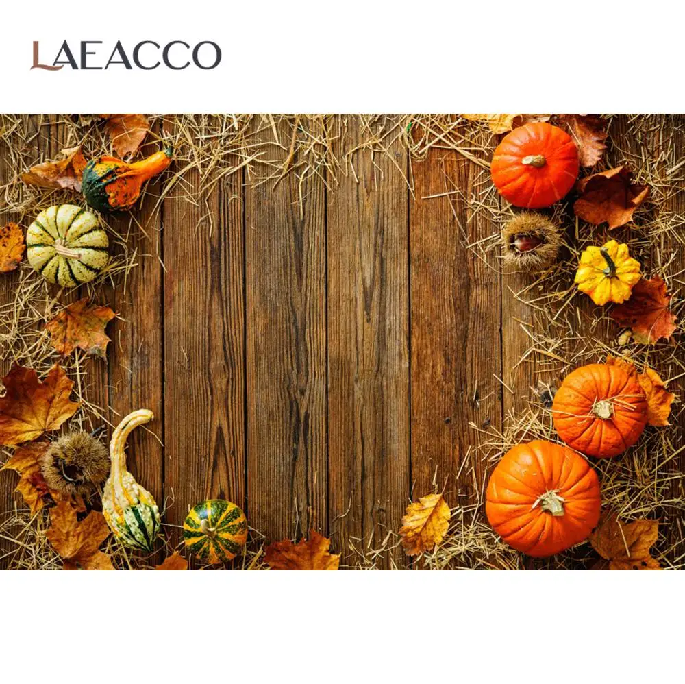 

Laeacco Old Planks Wooden Board Autumn Hay Nest Pumpkin Doll Baby Portrait Photographic Background Photo Backdrop Photo Studio
