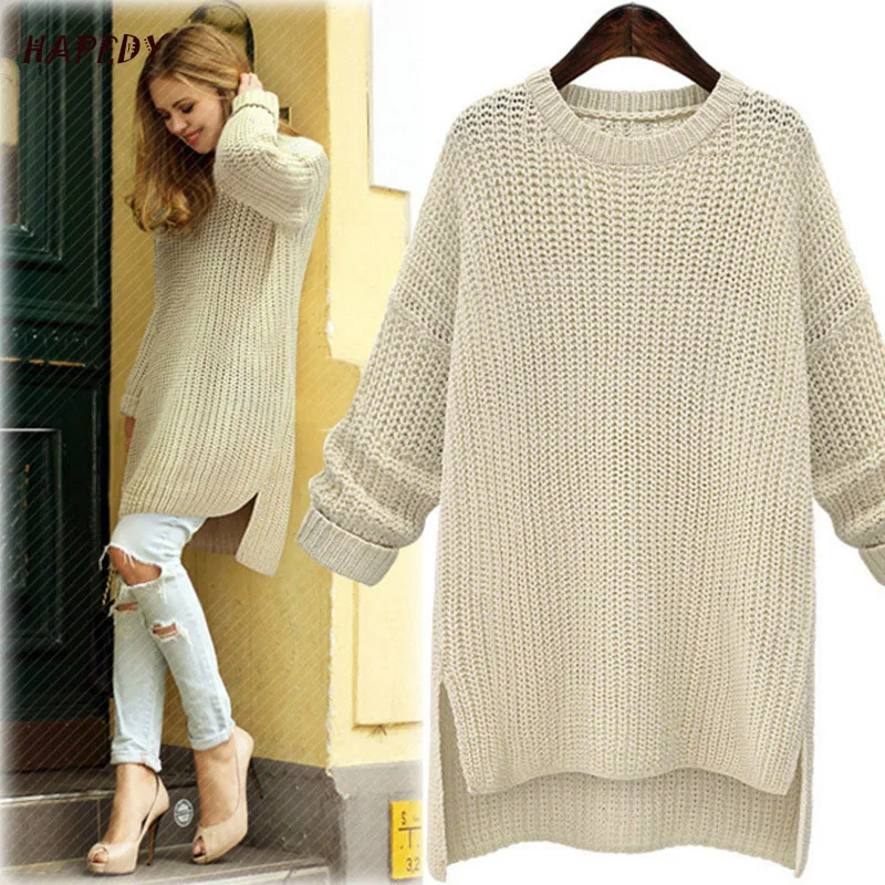 Autumn and Winter New Fashion Women Thicken Mid-length Loose-fitting Pullover Slit Hemline Solid Color Knit Sweater CA6952 | Женская