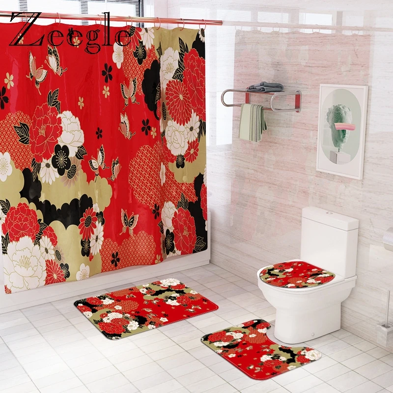 Flannel Floral Bath Mat and Shower Curtain Set Washable Shower Carpet Home Toilet Lid Cover Shower Room Rug Floor Mats