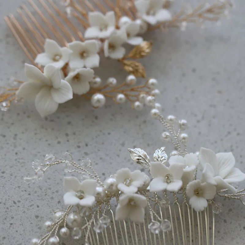 Floralbride Handmade Wired Alloy Ceram Flower Pearl Bridal Hair Comb Wedding Headdress Hair AccessoriesBridesmaids Women Jewelry