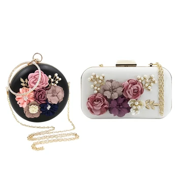 

1Pcs Flower Leather Envelope Pearl Wallet Evening Handbag(White) & 1Pcs Flower Clutch Bags Round Shape Wedding Party Evening Han