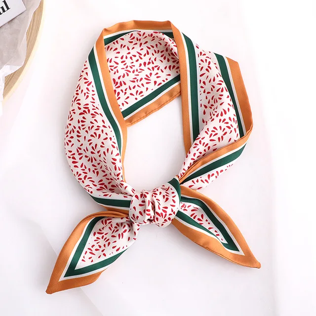 Sweet Love Print Women Small Silk Scarf Handle Bag Ribbons Female Head Scarves Sharp angle Green 90*10cm 36