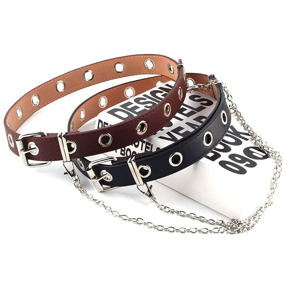 

2019 New Imitation Leather Women Punk Chain Fashion Belt Adjustable Black Double Single Eyelet Grommet Leather Buckle Belt