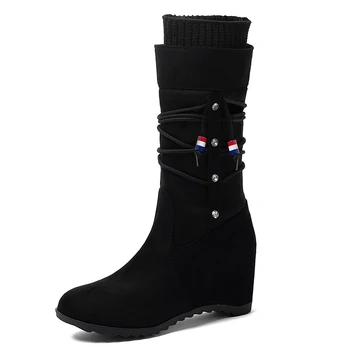 

Knitted Woolen Flock Lace-Up Wedge Mid-Calf Boots, Inner Heightening Frosted Fabric, Short Plush Winter Warm Women's Boots