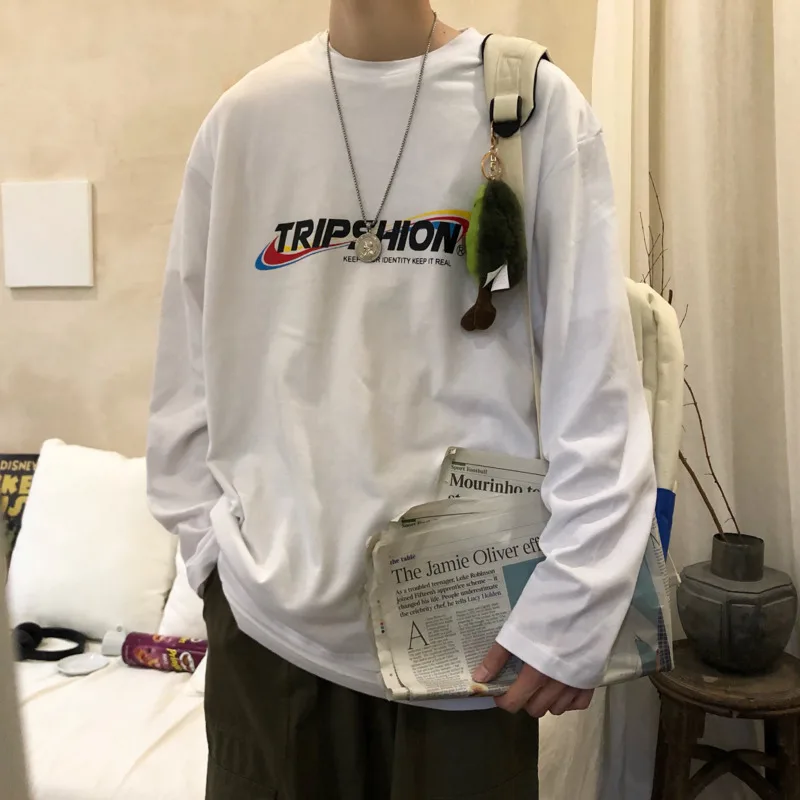 2019 Men's Summer New Casual Letter Printing Long-sleeved Round Neck T-shirt Loose Temperament Trend Cotton Harajuku 2019 Men's Summer New Casual Letter Printing Long-sleeved Round Neck T-shirt Loose Temperament Trend Cotton Harajuku