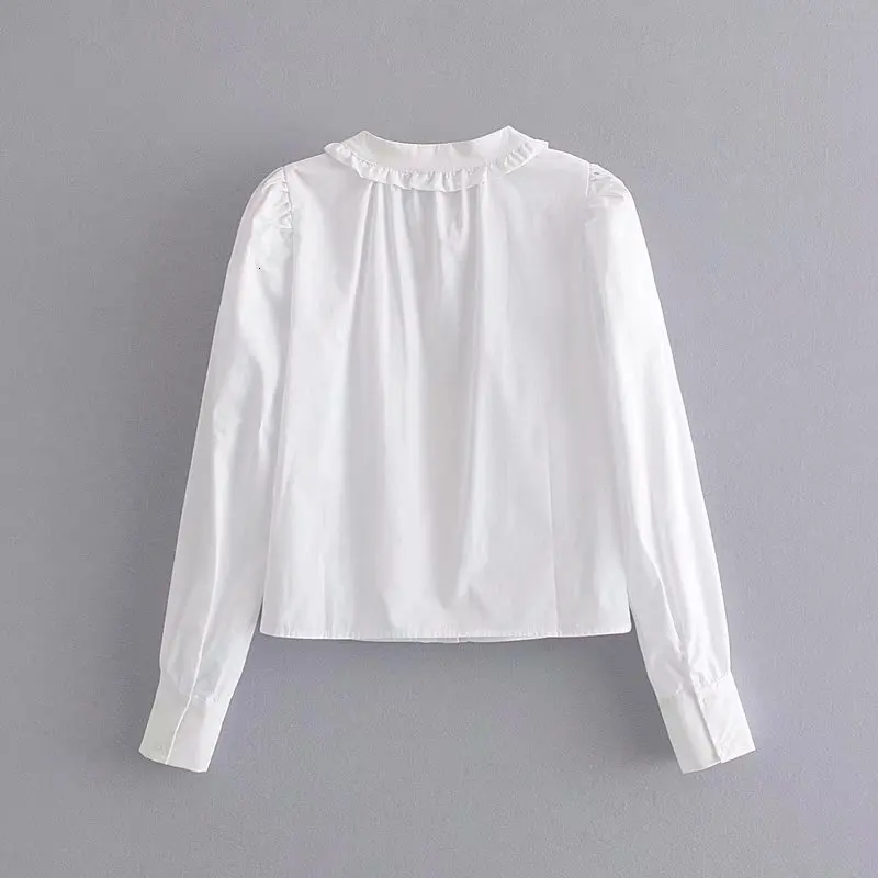 Поплин белая рубашка с длинным рукавом Женские топы с круглым вырезом Рубашки с оборками осень женские корейские Топы Лолита