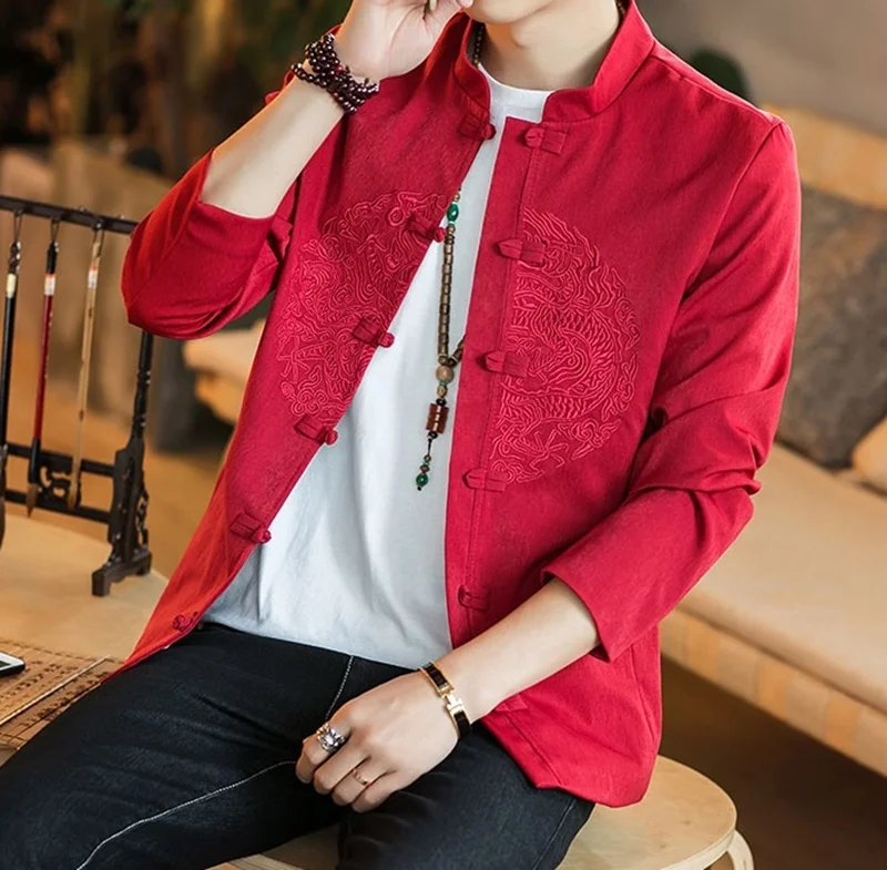 Dragon Bomber Jacket Male Traditional Chinese Coat Jacket Clothing For Men Mandarin Collar Oriental Jackets KK3149