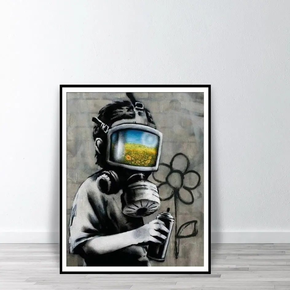 

Banksy Canvas Sunflower Field Mask Wall Art Print Street Graffiti Printable Painting Home Decor Posters
